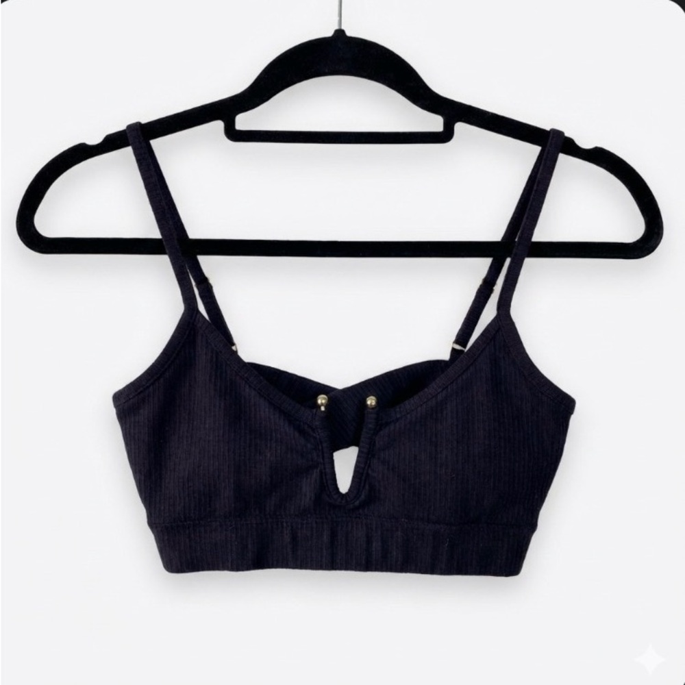 NWT•Good American Seamless Ribbed Bralette Bra Black Gold Keyhole Size 0 (XS)